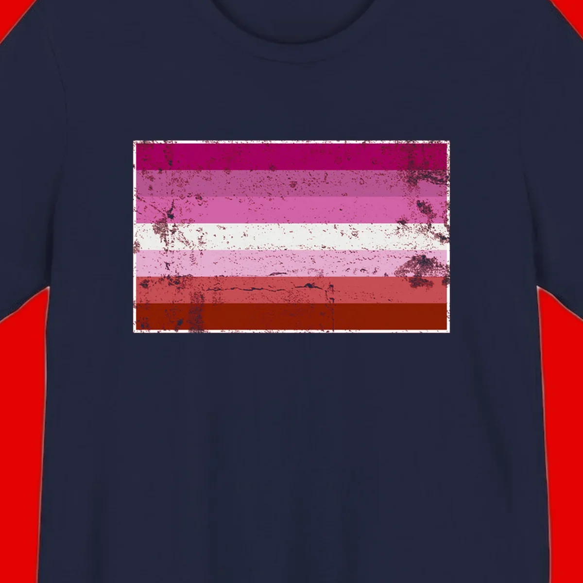 Distressed lesbian pride flag with seven horizontal stripes in magenta, pink, white, and red tones with grunge texture overlay