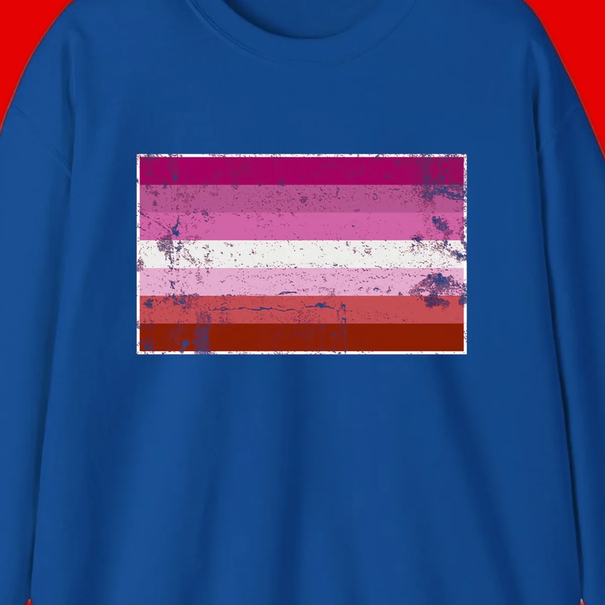 Distressed lesbian pride flag with seven horizontal stripes in magenta, pink, white, and red tones with grunge texture overlay