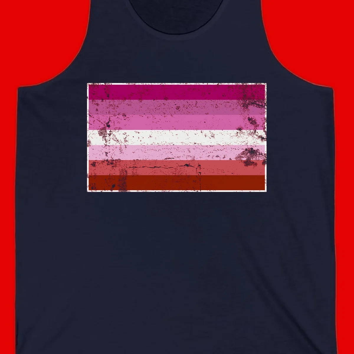 Distressed lesbian pride flag with seven horizontal stripes in magenta, pink, white, and red tones with grunge texture overlay