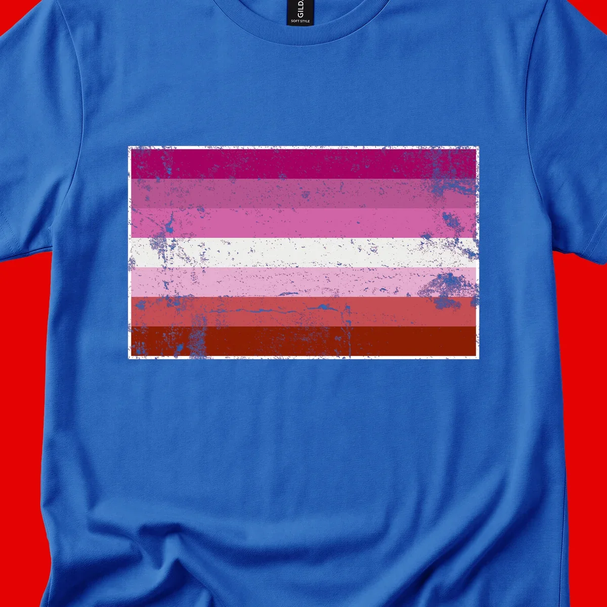 Distressed lesbian pride flag with seven horizontal stripes in magenta, pink, white, and red tones with grunge texture overlay