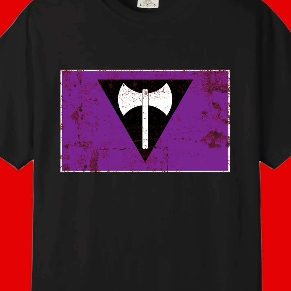 White double-headed axe on vertical cross against black inverted triangle on distressed purple grunge background