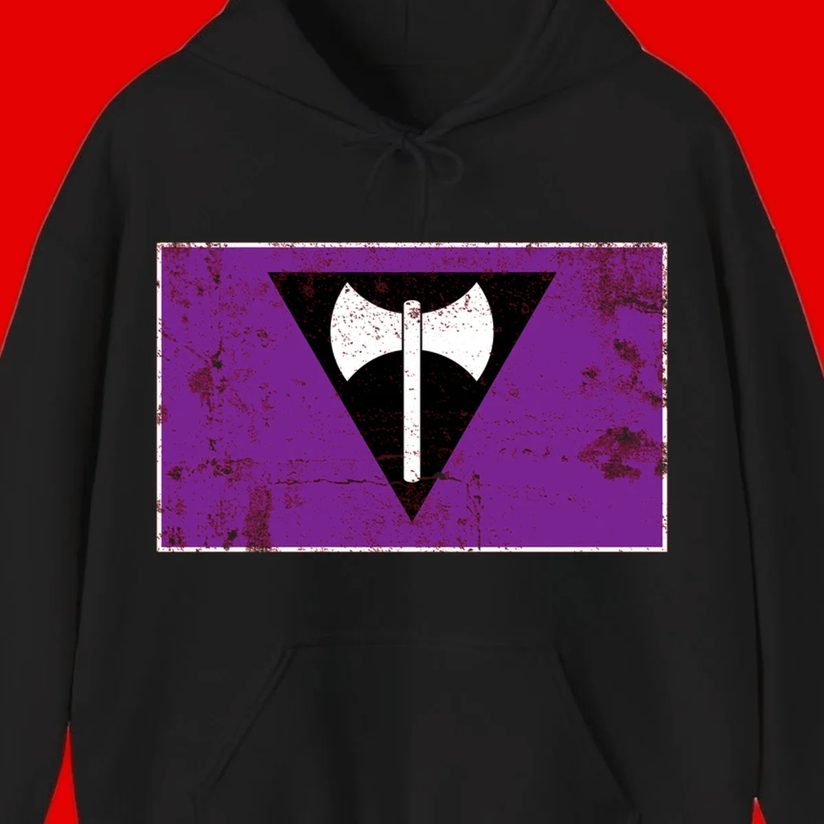 White double-headed axe on vertical cross against black inverted triangle on distressed purple grunge background