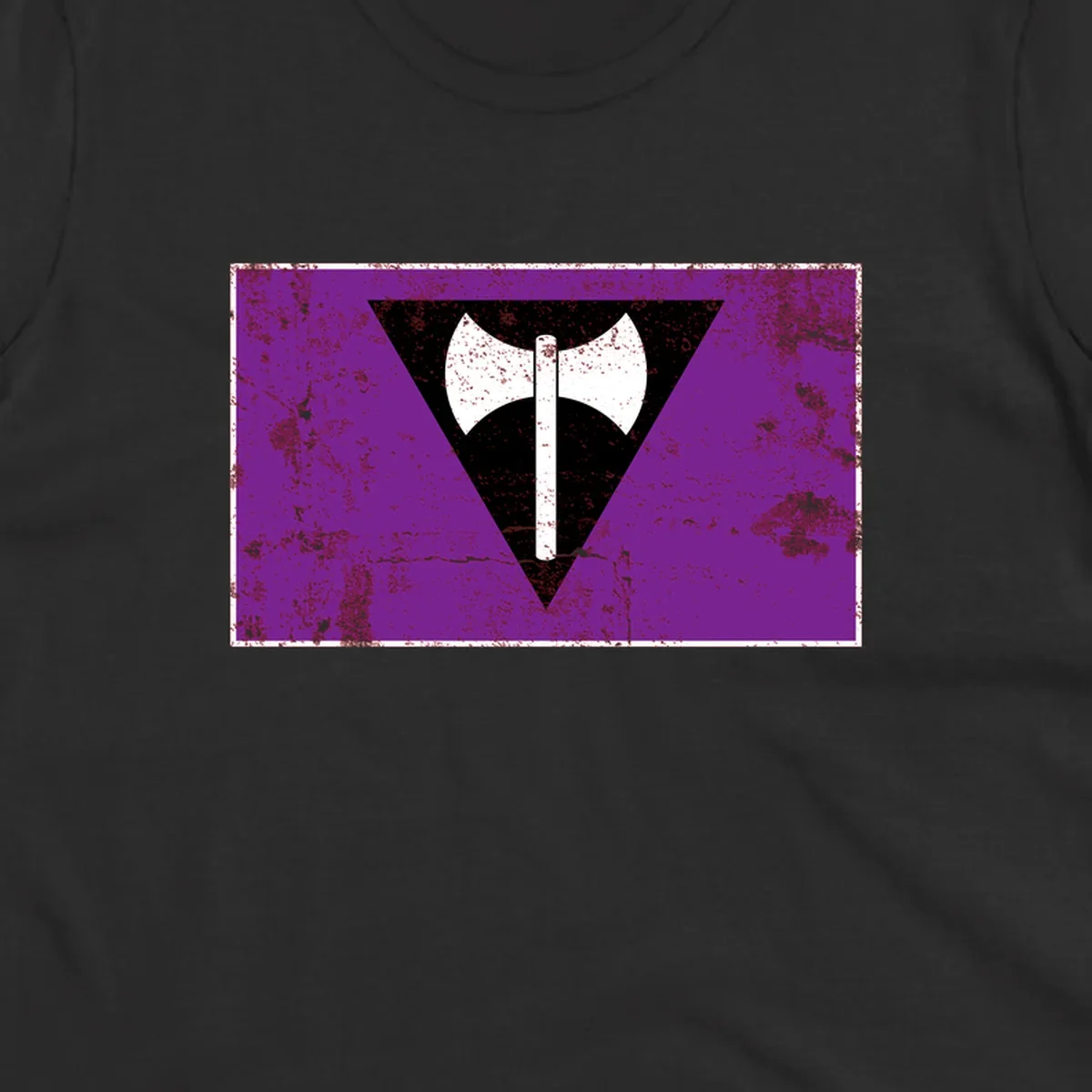 White double-headed axe on vertical cross against black inverted triangle on distressed purple grunge background