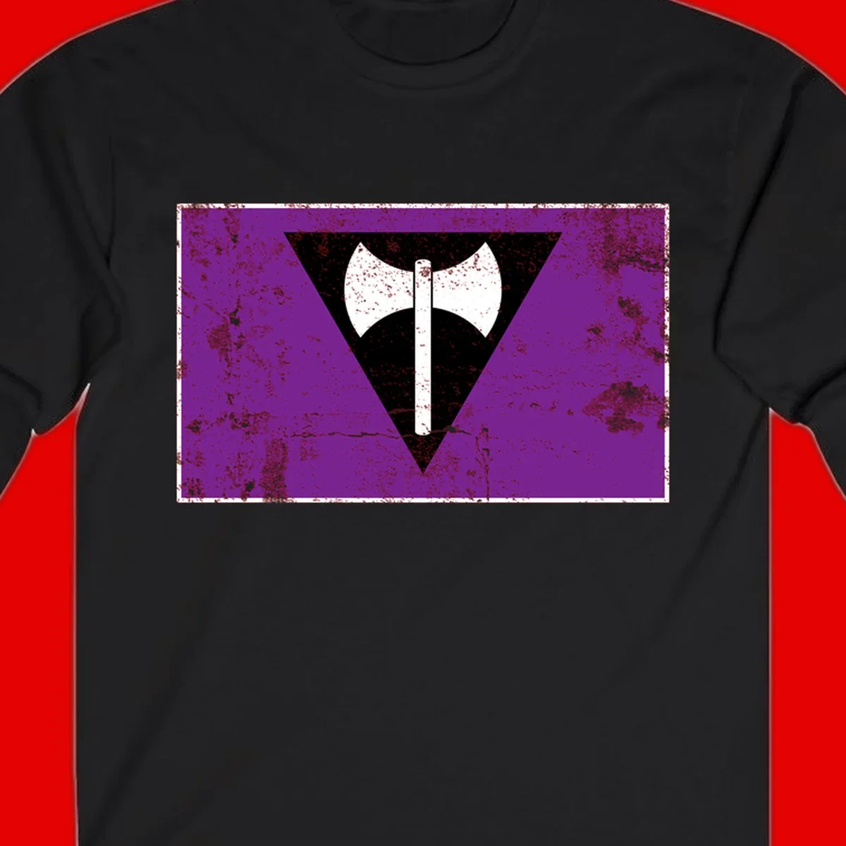 White double-headed axe on vertical cross against black inverted triangle on distressed purple grunge background