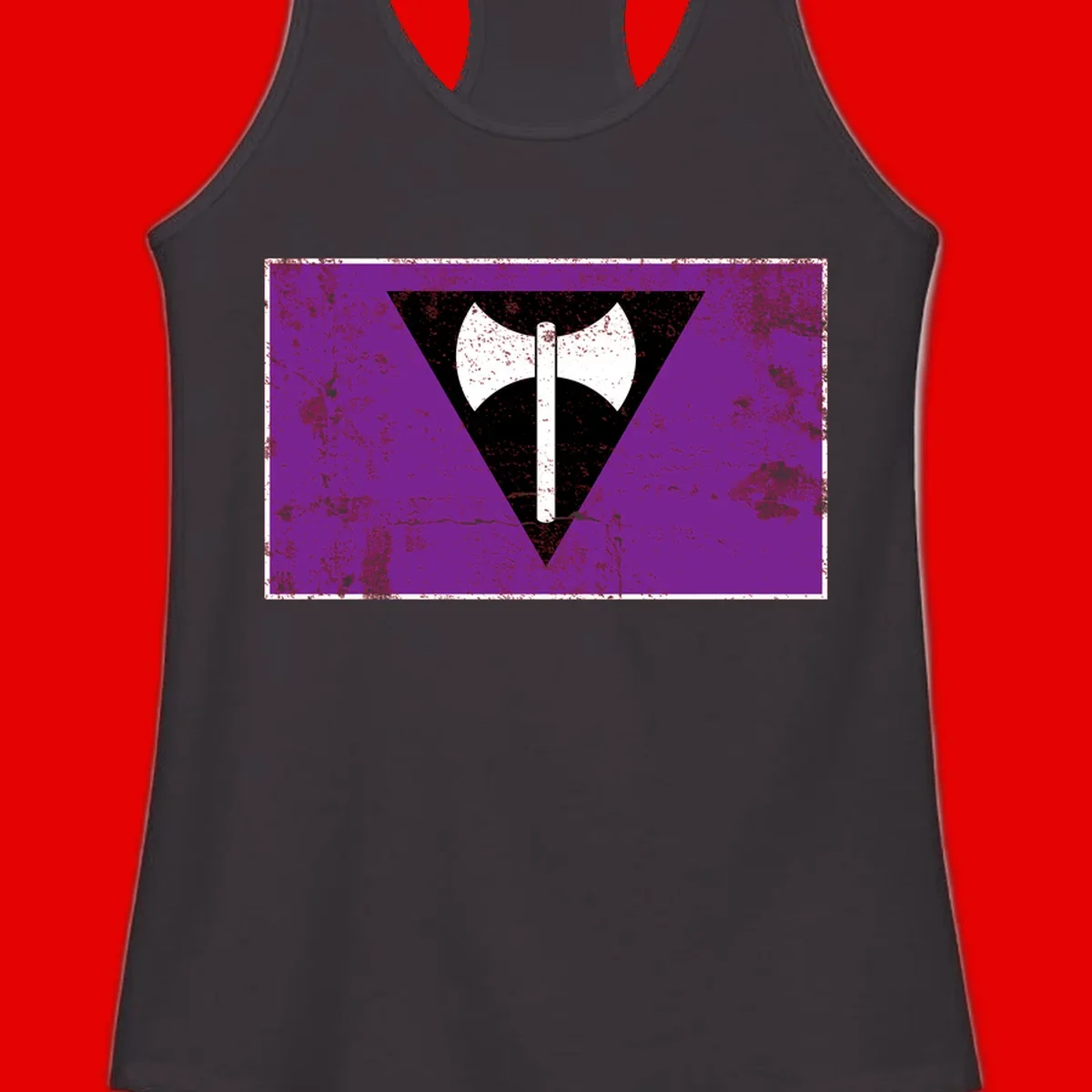 White double-headed axe on vertical cross against black inverted triangle on distressed purple grunge background
