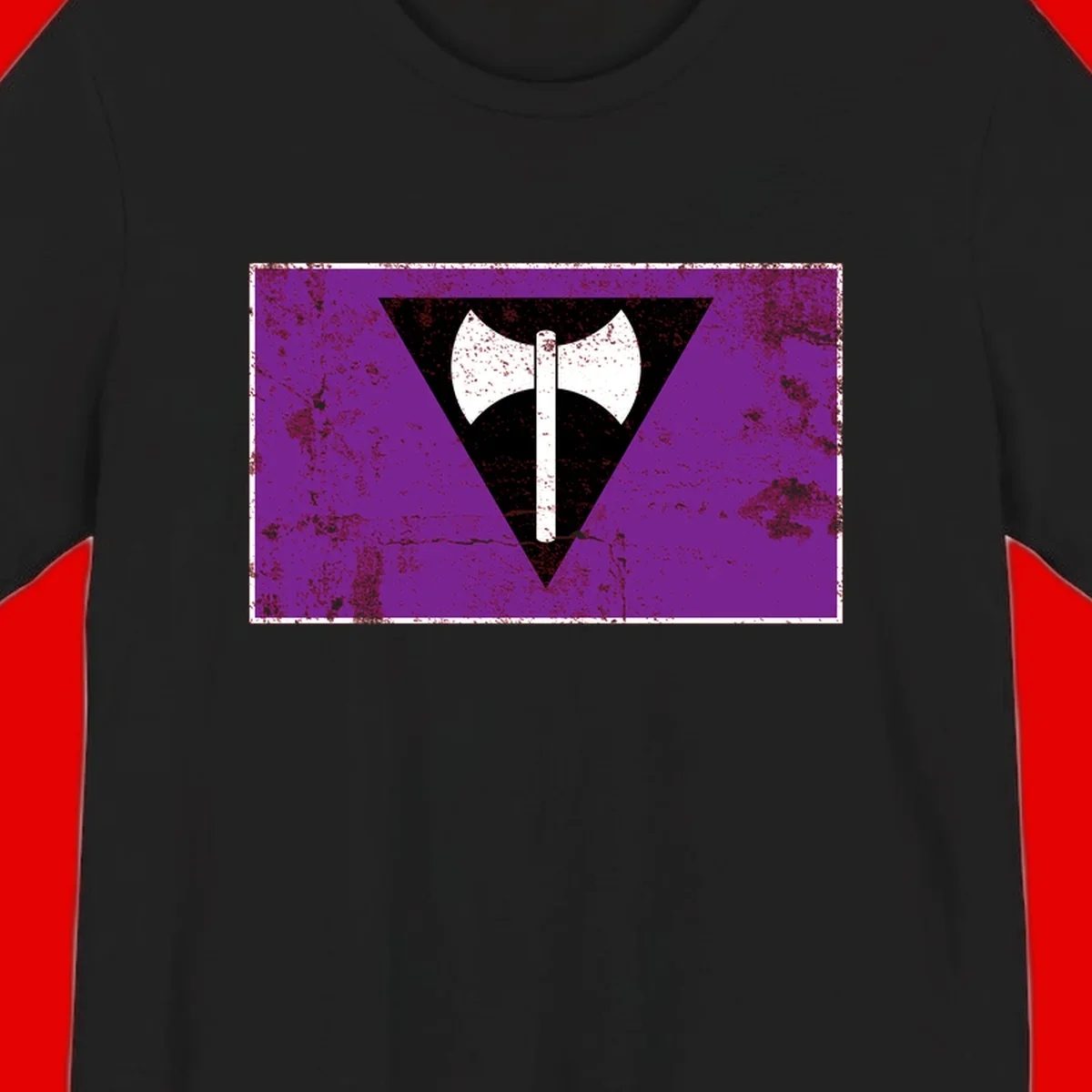 White double-headed axe on vertical cross against black inverted triangle on distressed purple grunge background