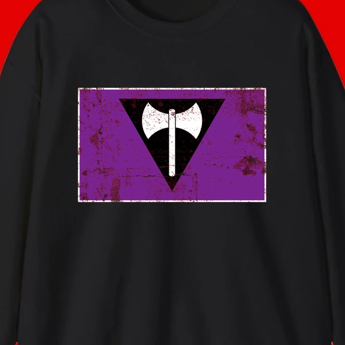 White double-headed axe on vertical cross against black inverted triangle on distressed purple grunge background