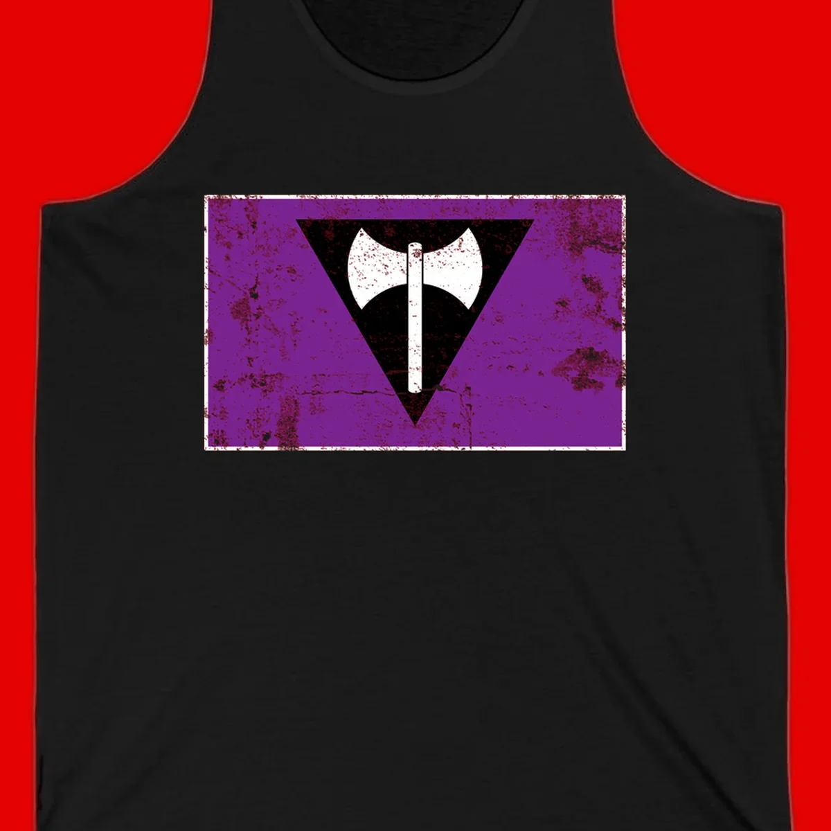 White double-headed axe on vertical cross against black inverted triangle on distressed purple grunge background