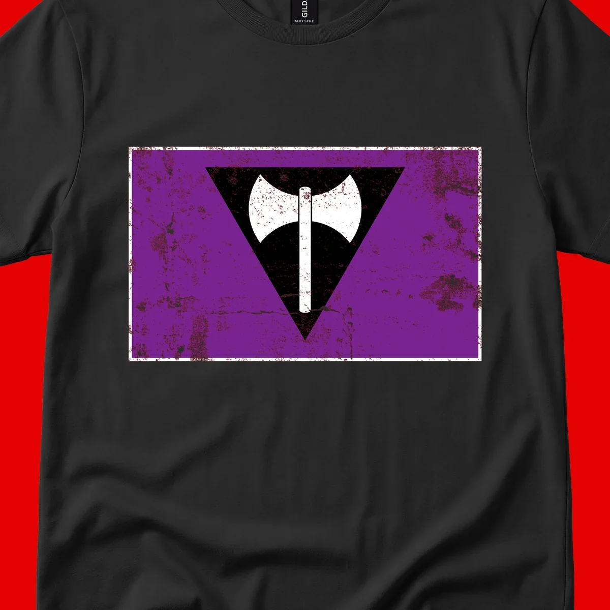 White double-headed axe on vertical cross against black inverted triangle on distressed purple grunge background