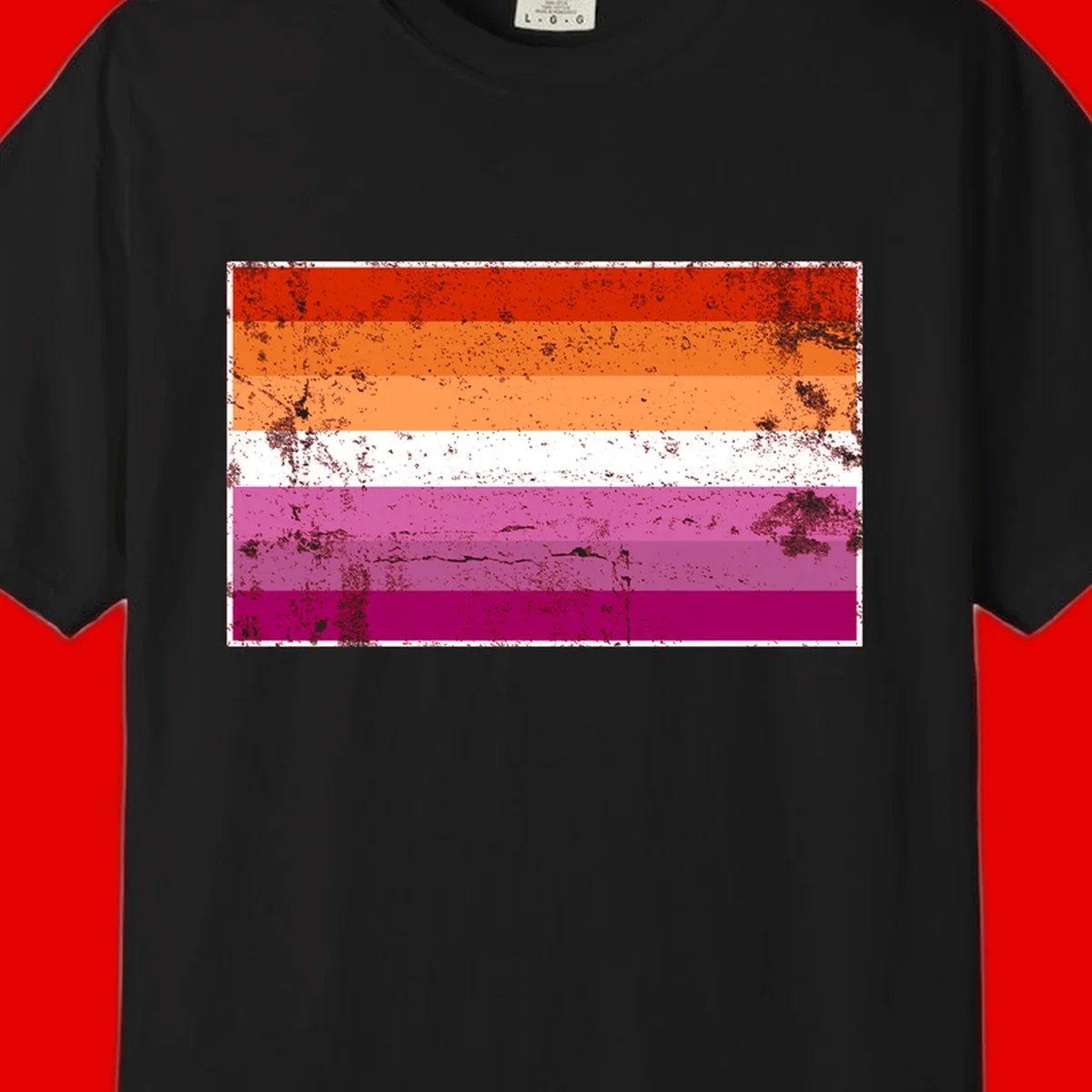 Lesbian pride flag with seven horizontal stripes in red, orange, peach, white, hot pink, magenta, and deep magenta, featuring grunge distressed texture throughout