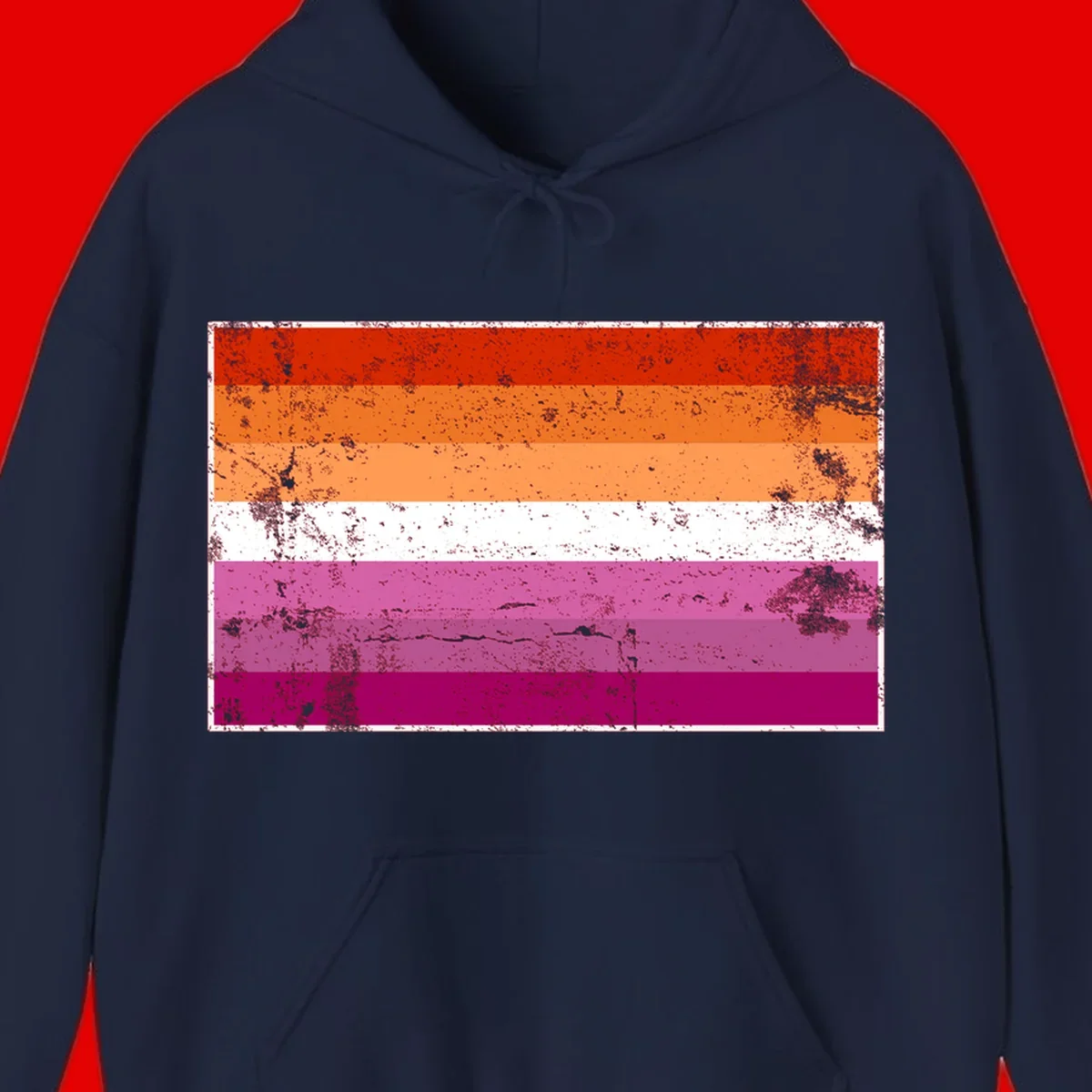Lesbian pride flag with seven horizontal stripes in red, orange, peach, white, hot pink, magenta, and deep magenta, featuring grunge distressed texture throughout