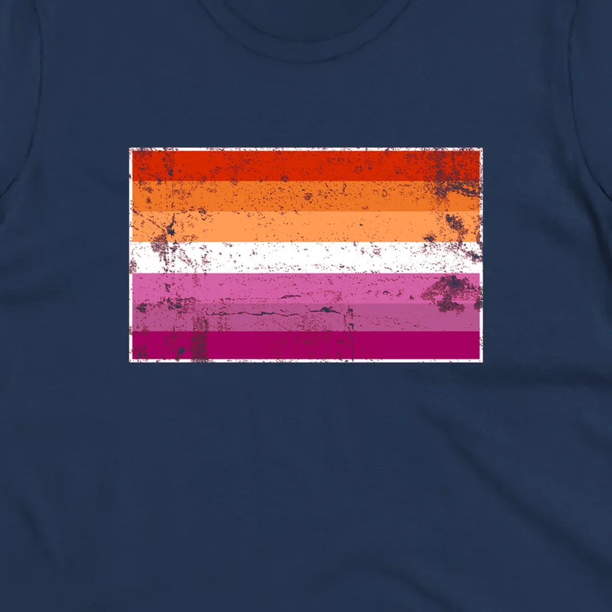 Lesbian pride flag with seven horizontal stripes in red, orange, peach, white, hot pink, magenta, and deep magenta, featuring grunge distressed texture throughout