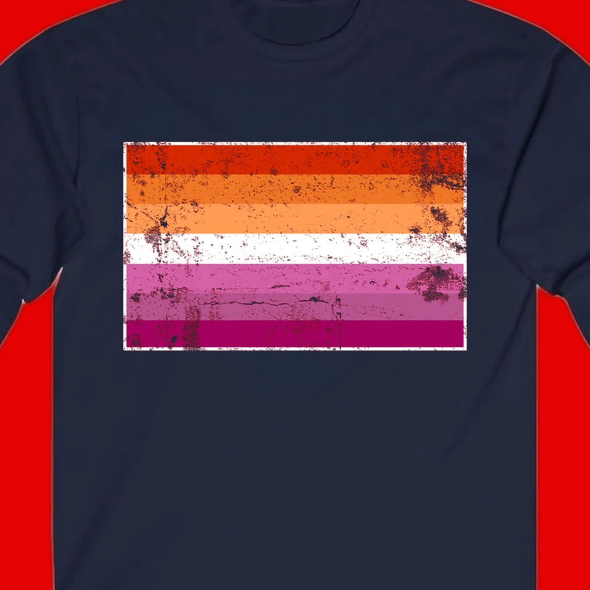 Lesbian pride flag with seven horizontal stripes in red, orange, peach, white, hot pink, magenta, and deep magenta, featuring grunge distressed texture throughout