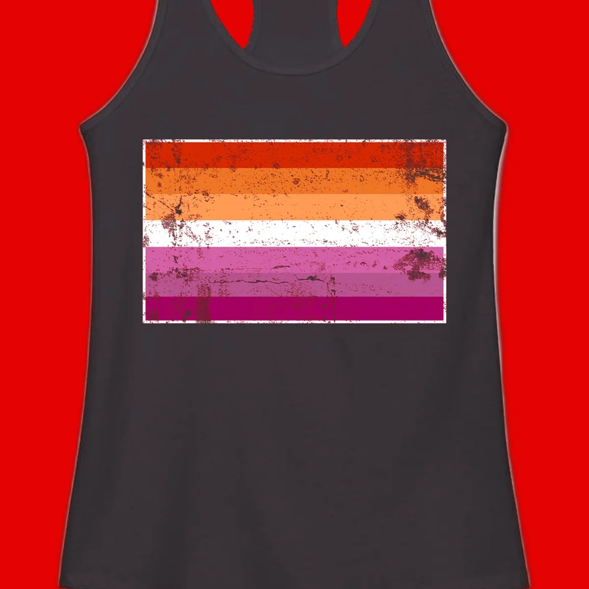 Lesbian pride flag with seven horizontal stripes in red, orange, peach, white, hot pink, magenta, and deep magenta, featuring grunge distressed texture throughout