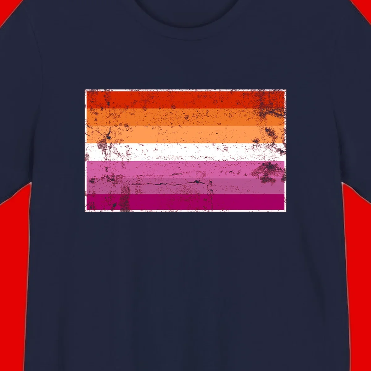 Lesbian pride flag with seven horizontal stripes in red, orange, peach, white, hot pink, magenta, and deep magenta, featuring grunge distressed texture throughout