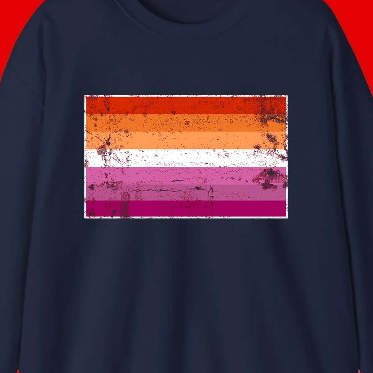 Lesbian pride flag with seven horizontal stripes in red, orange, peach, white, hot pink, magenta, and deep magenta, featuring grunge distressed texture throughout