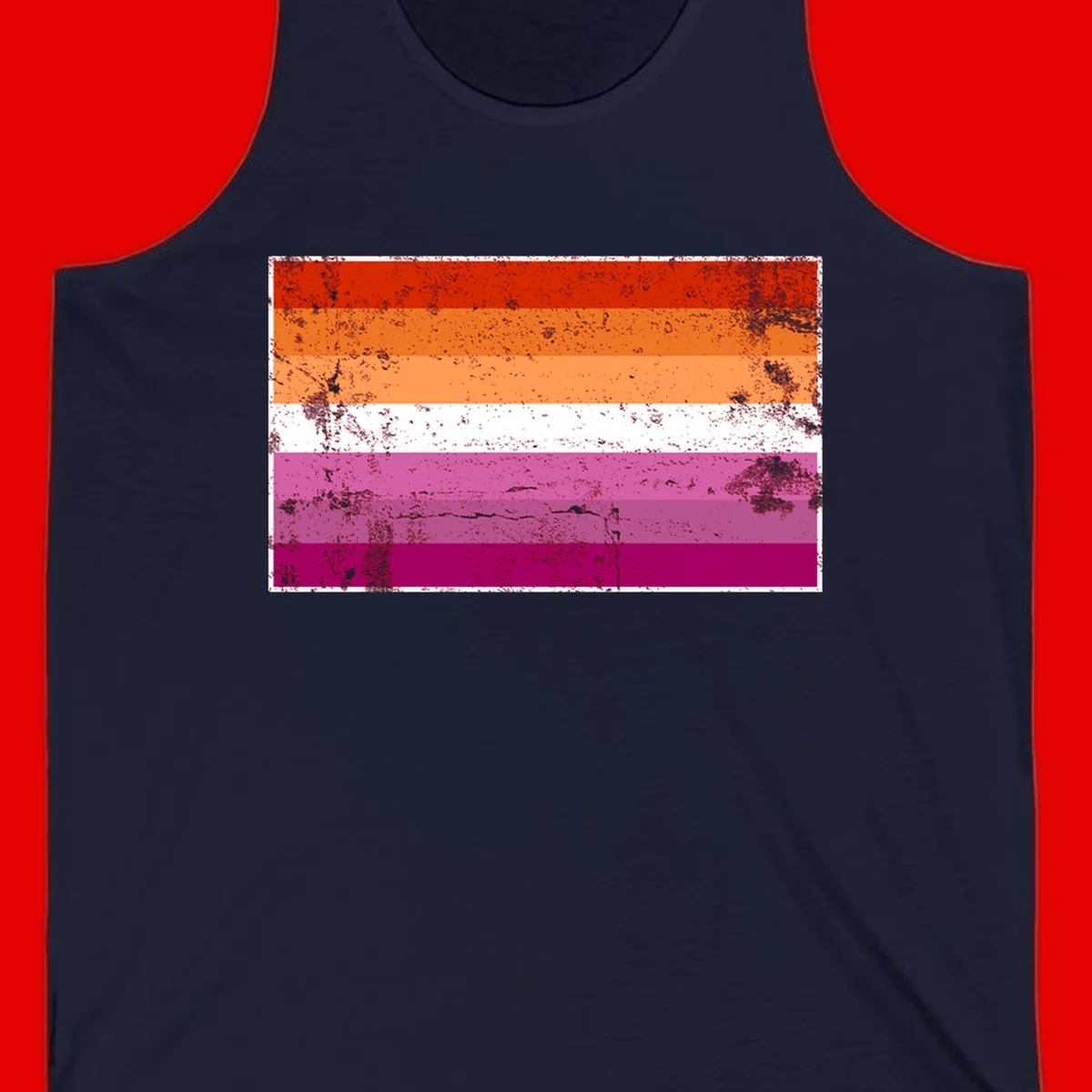 Lesbian pride flag with seven horizontal stripes in red, orange, peach, white, hot pink, magenta, and deep magenta, featuring grunge distressed texture throughout