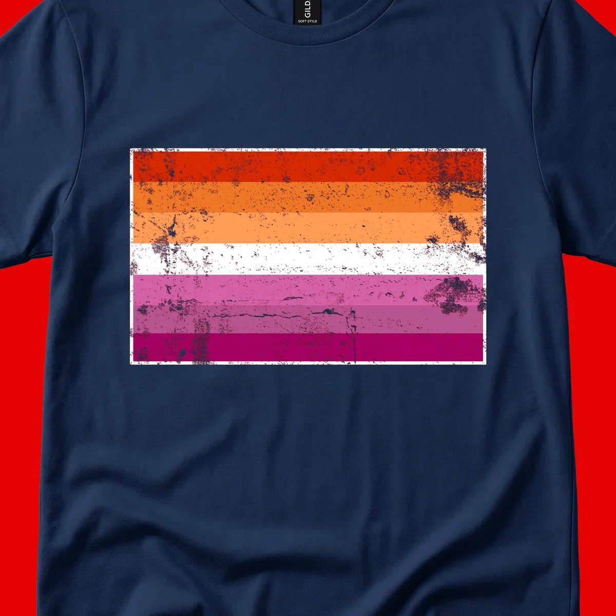 Lesbian pride flag with seven horizontal stripes in red, orange, peach, white, hot pink, magenta, and deep magenta, featuring grunge distressed texture throughout