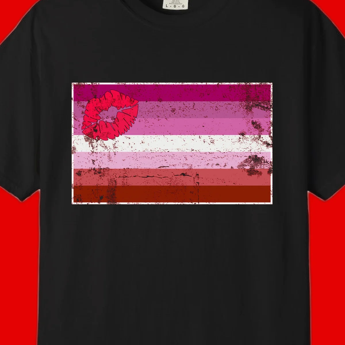 Red lipstick kiss mark overlaying horizontal striped pride flag with distressed grunge texture
