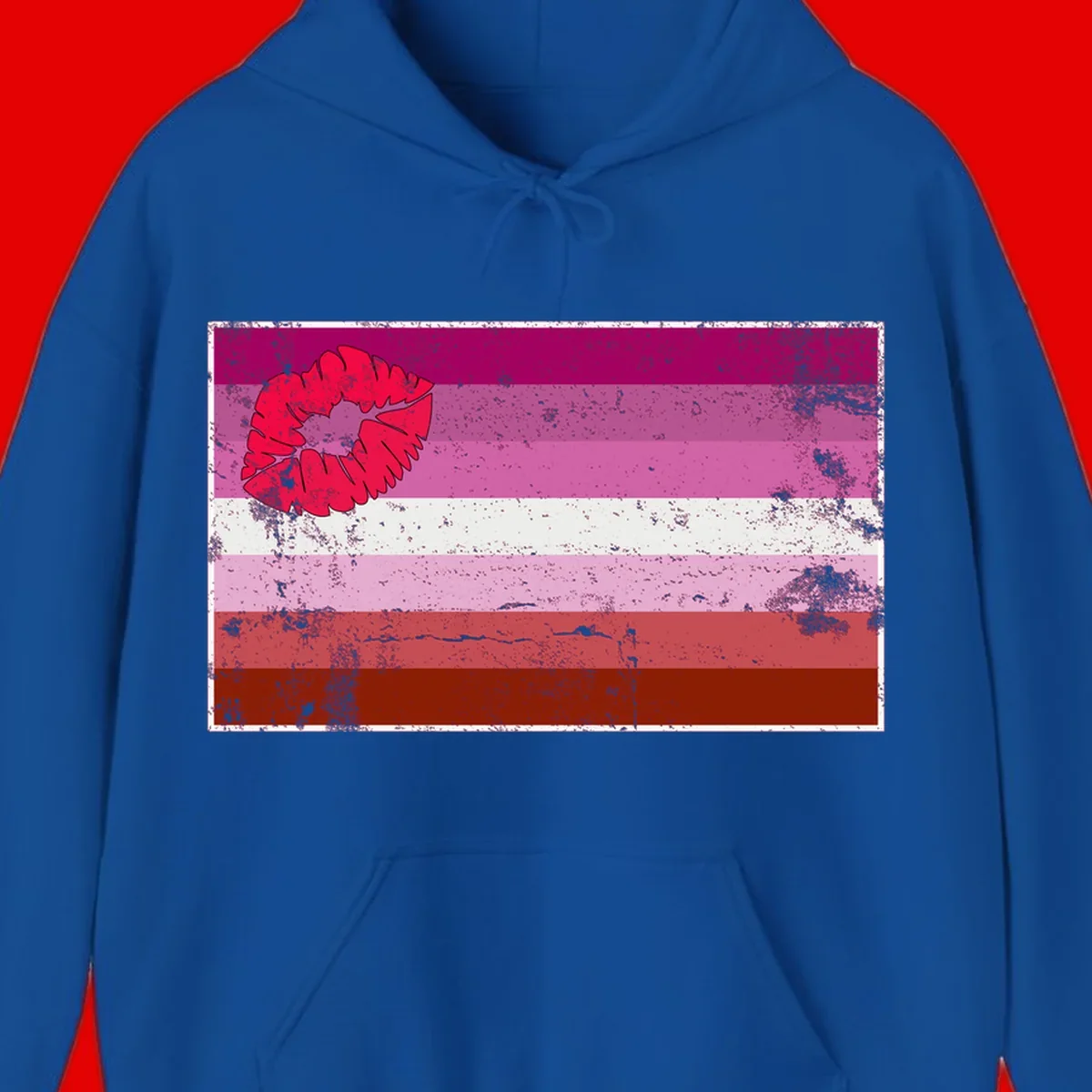 Red lipstick kiss mark overlaying horizontal striped pride flag with distressed grunge texture