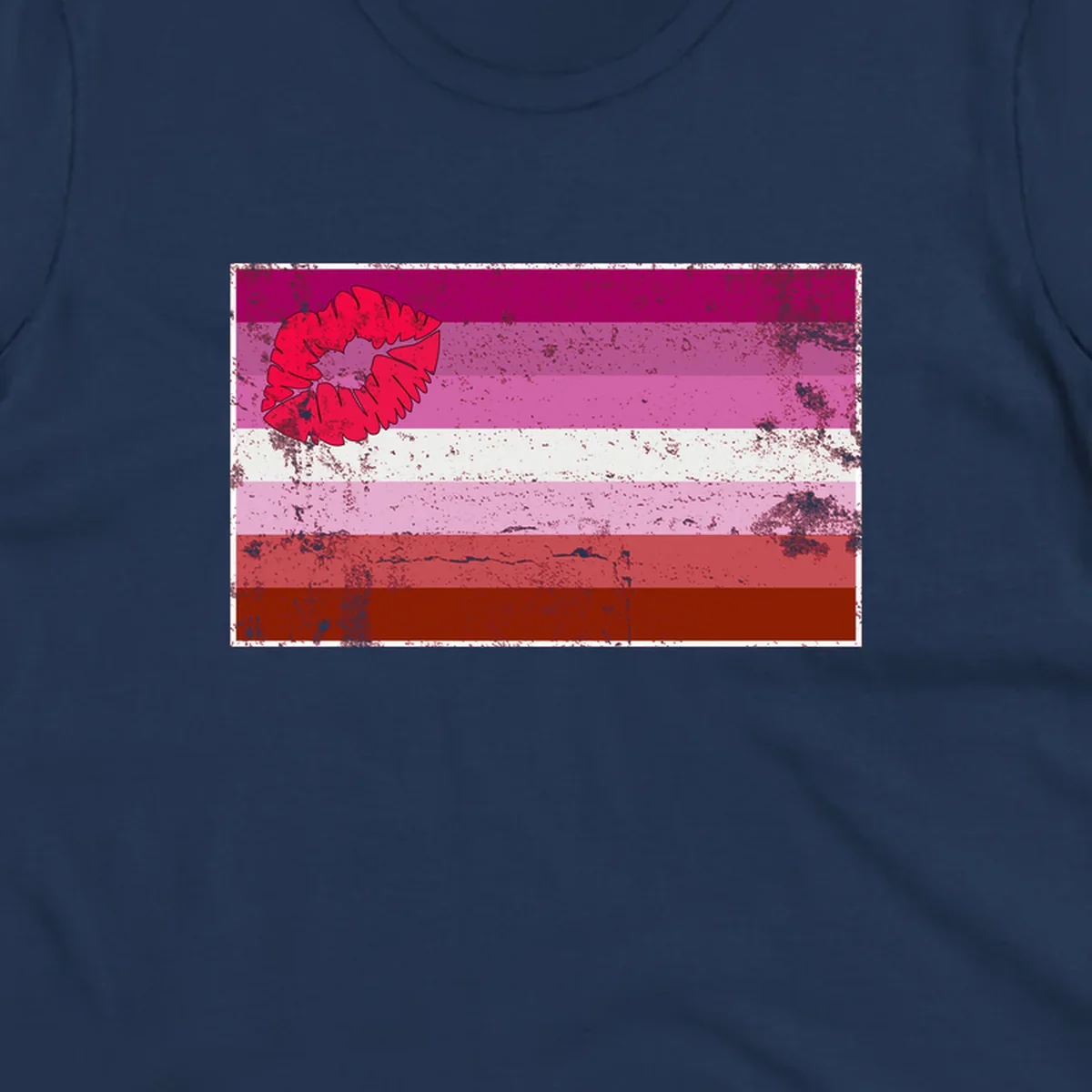 Red lipstick kiss mark overlaying horizontal striped pride flag with distressed grunge texture