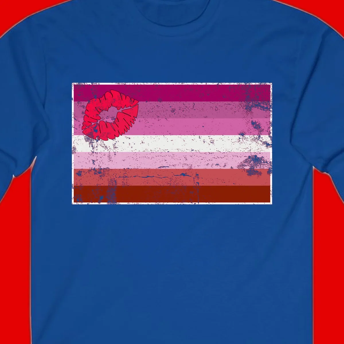 Red lipstick kiss mark overlaying horizontal striped pride flag with distressed grunge texture