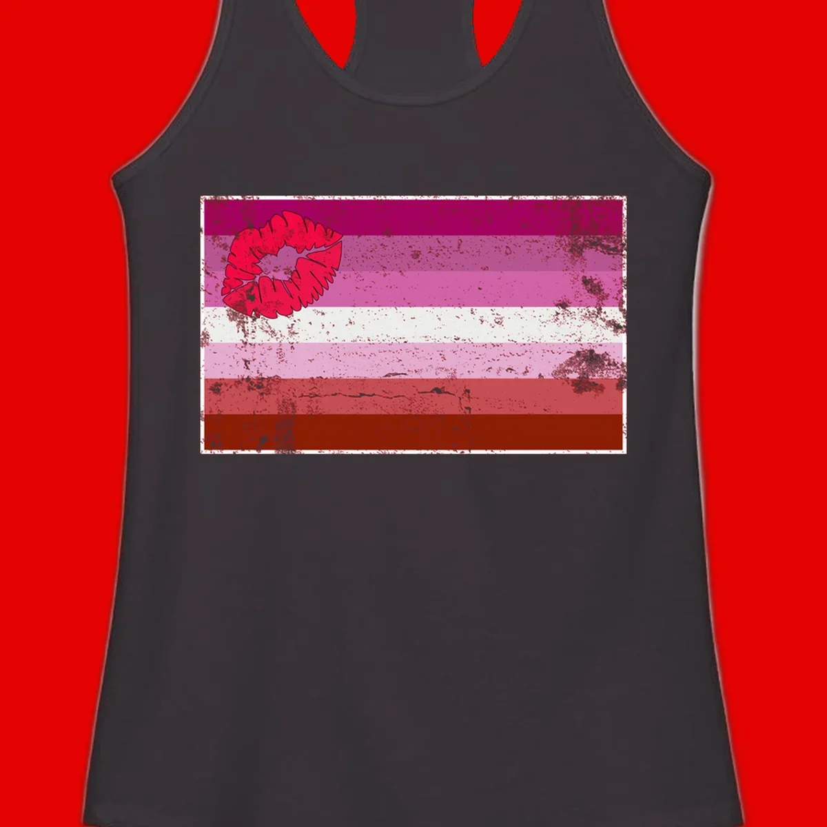 Red lipstick kiss mark overlaying horizontal striped pride flag with distressed grunge texture