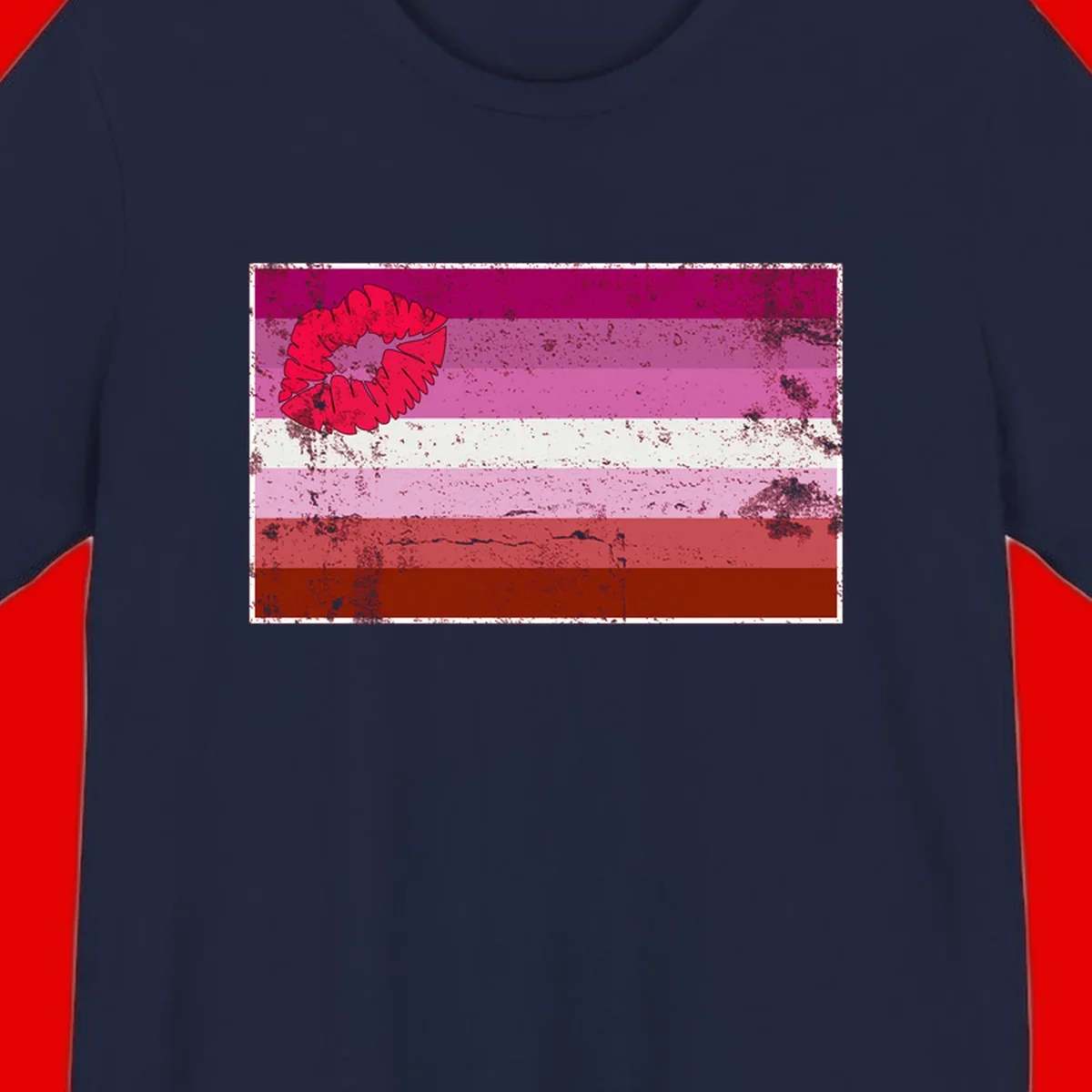 Red lipstick kiss mark overlaying horizontal striped pride flag with distressed grunge texture