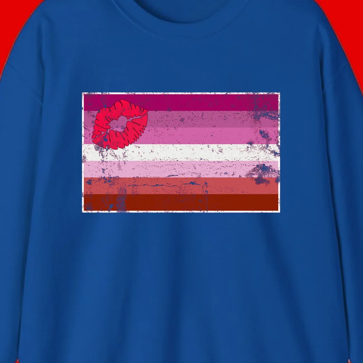Red lipstick kiss mark overlaying horizontal striped pride flag with distressed grunge texture