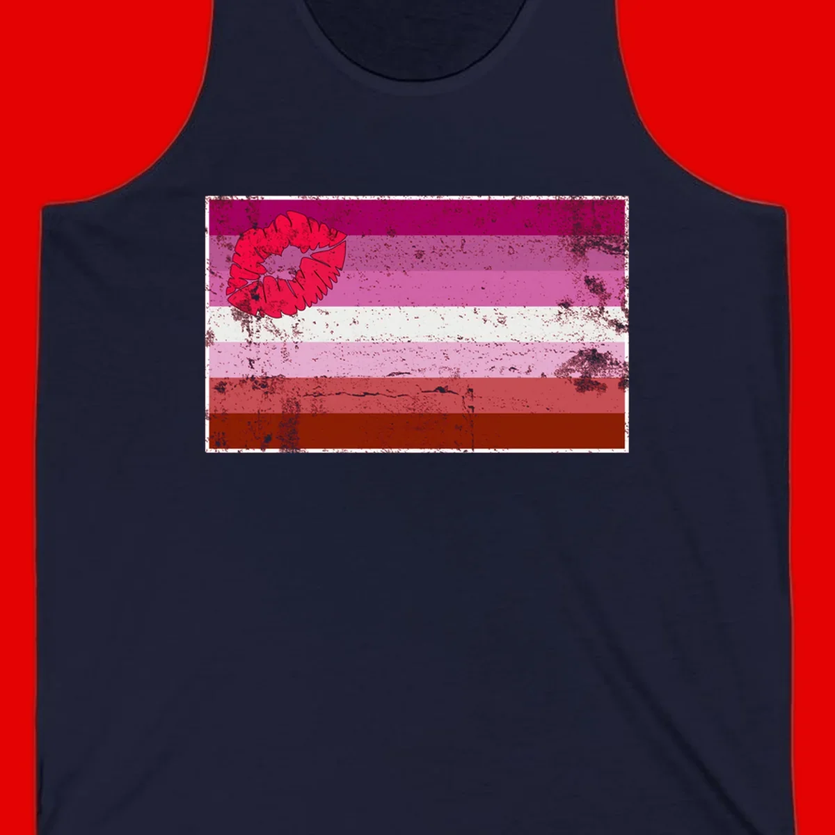 Red lipstick kiss mark overlaying horizontal striped pride flag with distressed grunge texture