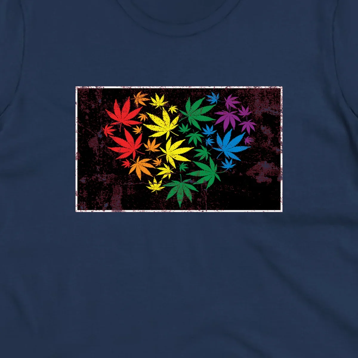 Rainbow cannabis leaves in red, orange, yellow, green, blue, and purple arranged on distressed black background