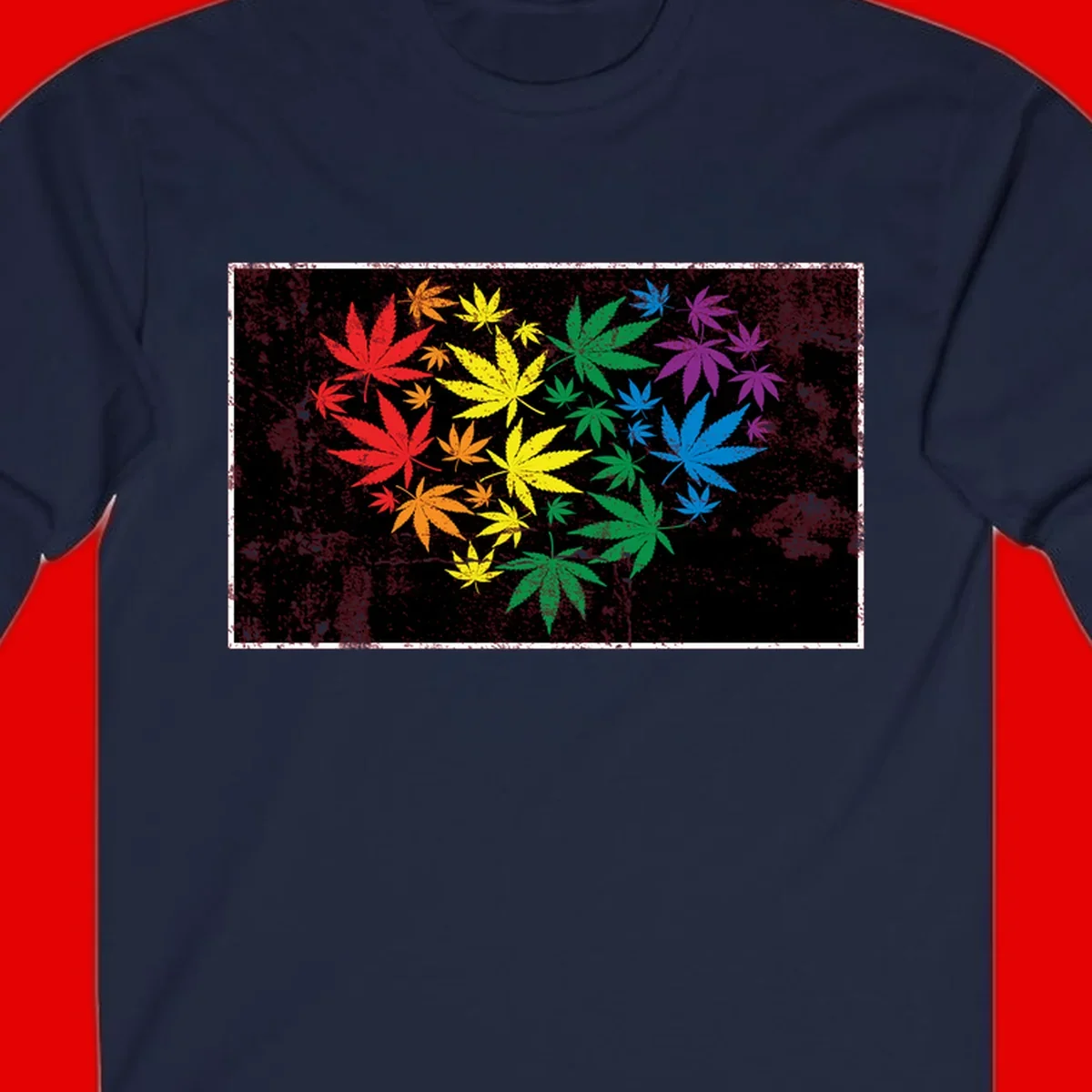 Rainbow cannabis leaves in red, orange, yellow, green, blue, and purple arranged on distressed black background