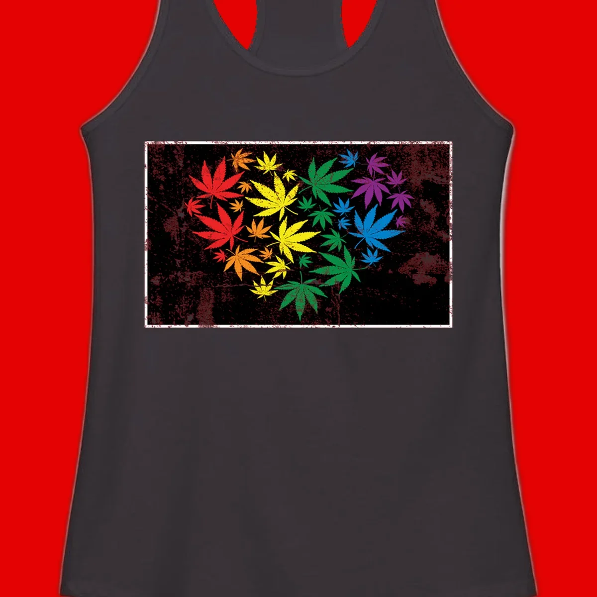 Rainbow cannabis leaves in red, orange, yellow, green, blue, and purple arranged on distressed black background