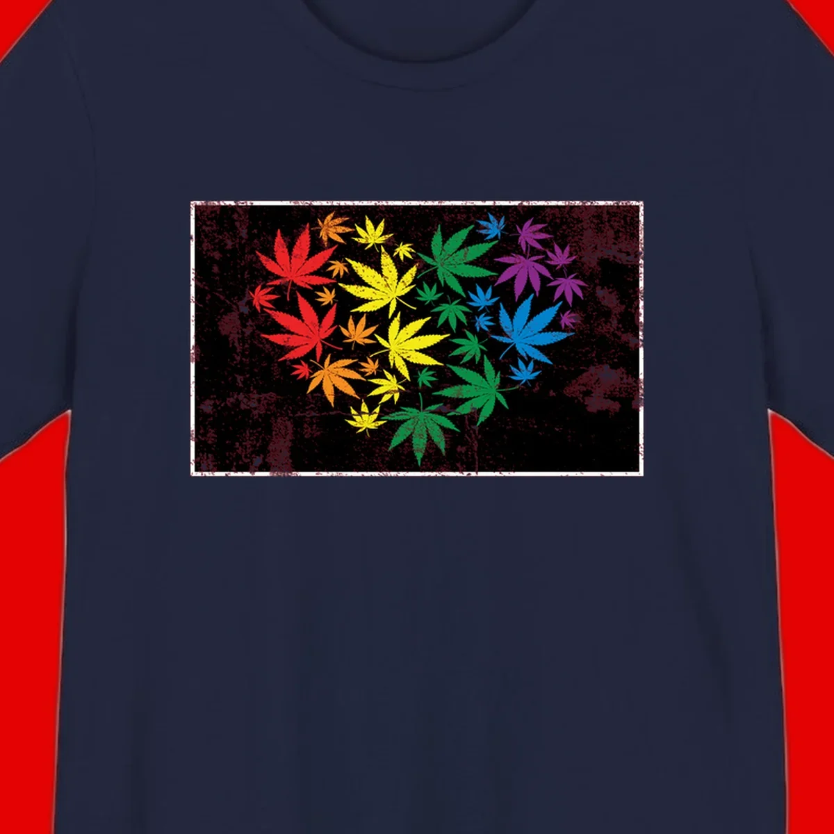 Rainbow cannabis leaves in red, orange, yellow, green, blue, and purple arranged on distressed black background