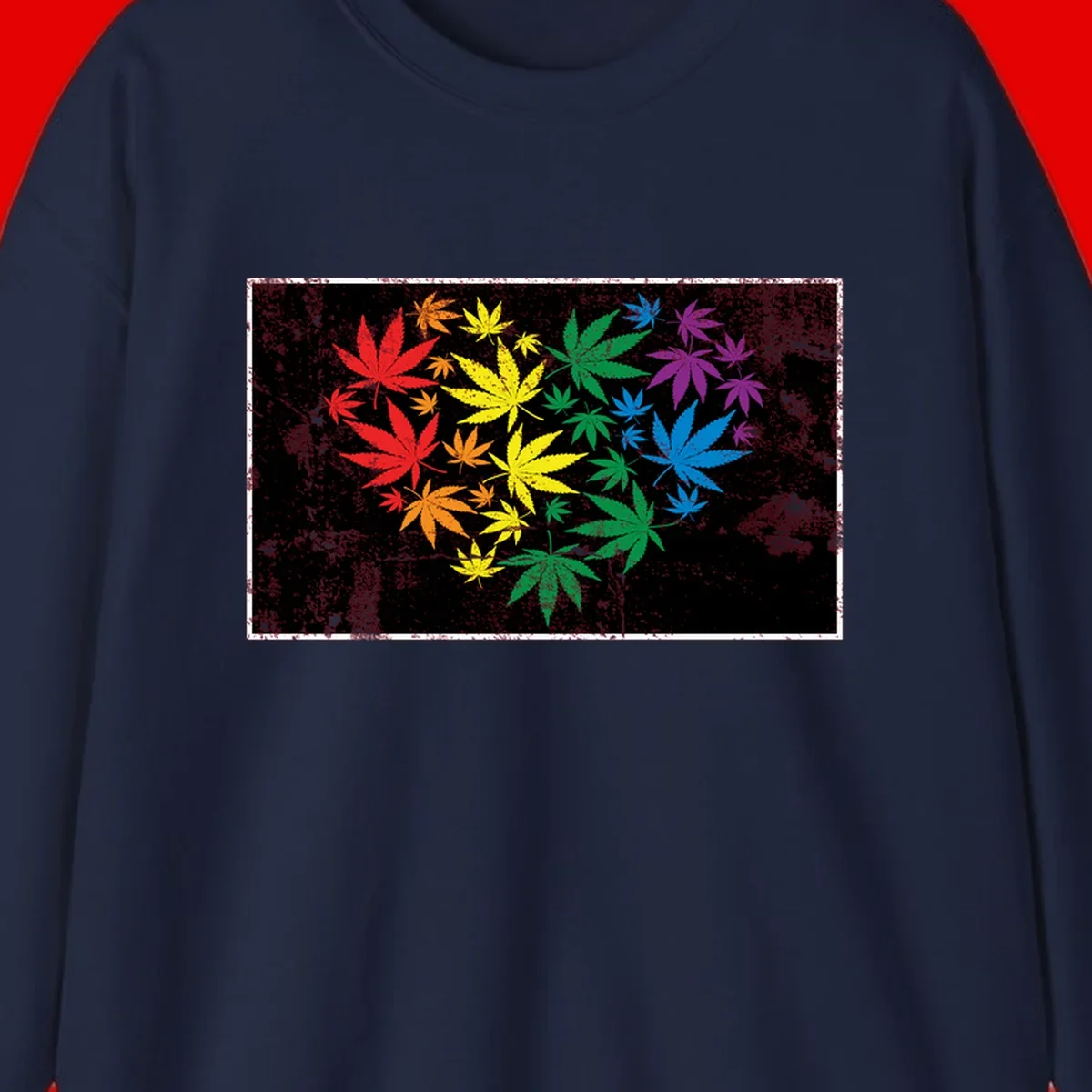 Rainbow cannabis leaves in red, orange, yellow, green, blue, and purple arranged on distressed black background