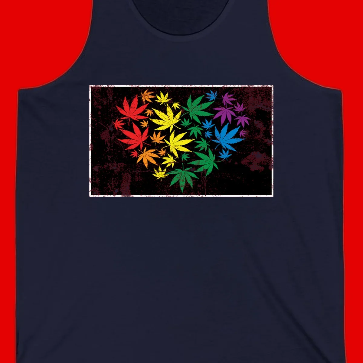 Rainbow cannabis leaves in red, orange, yellow, green, blue, and purple arranged on distressed black background