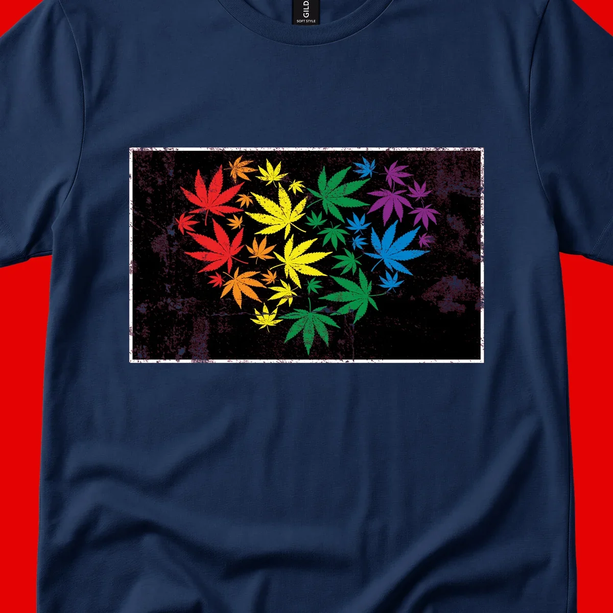 Rainbow cannabis leaves in red, orange, yellow, green, blue, and purple arranged on distressed black background