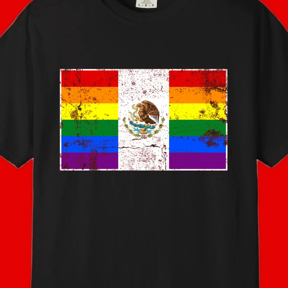 Mexico pride flag fusion design featuring rainbow and Mexican flag stripes with golden eagle emblem and grunge texture