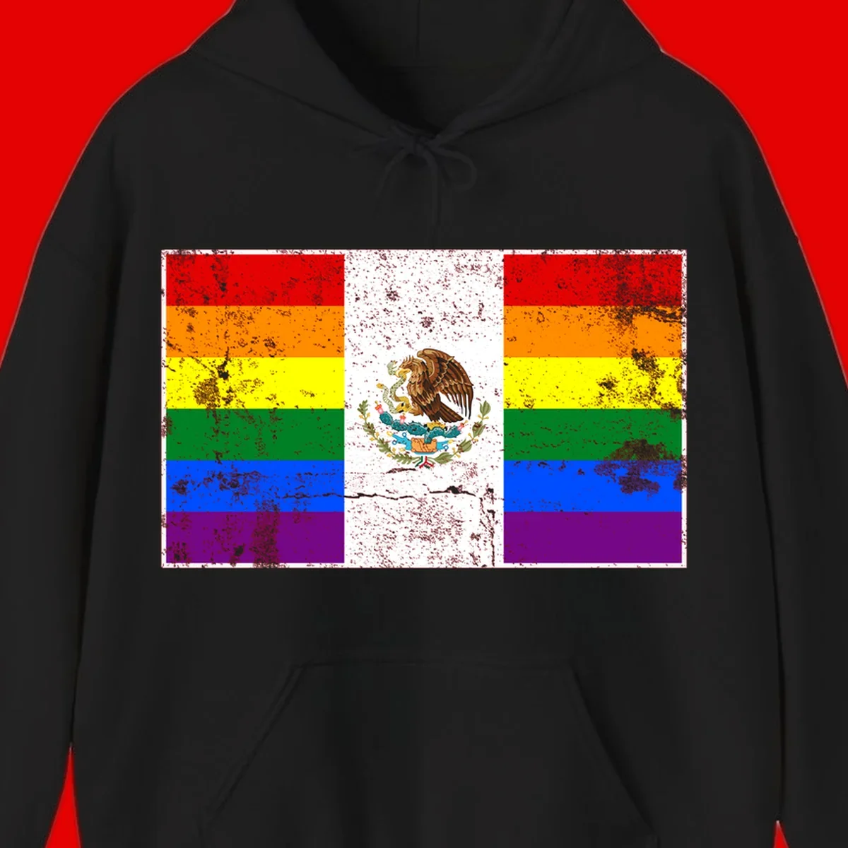 Mexico pride flag fusion design featuring rainbow and Mexican flag stripes with golden eagle emblem and grunge texture