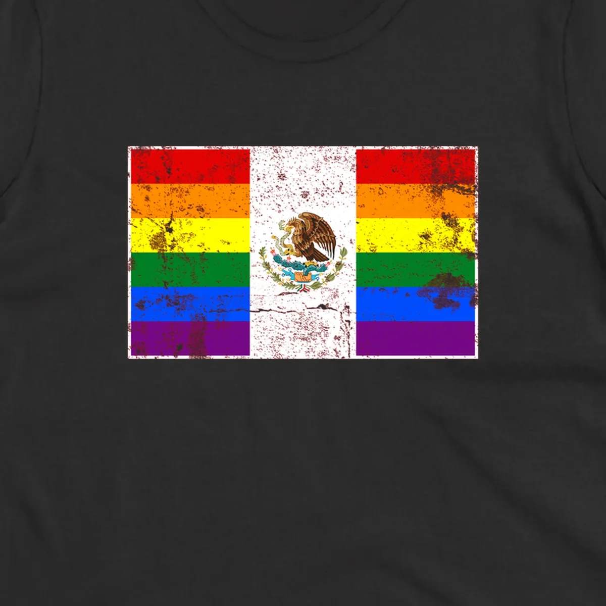 Mexico pride flag fusion design featuring rainbow and Mexican flag stripes with golden eagle emblem and grunge texture