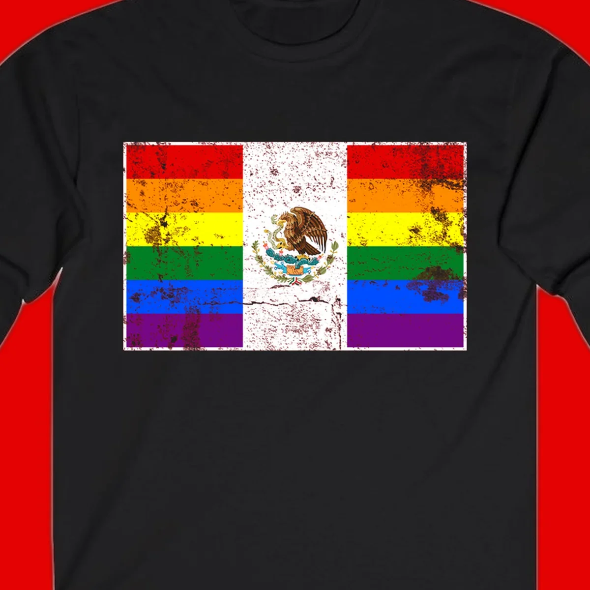 Mexico pride flag fusion design featuring rainbow and Mexican flag stripes with golden eagle emblem and grunge texture