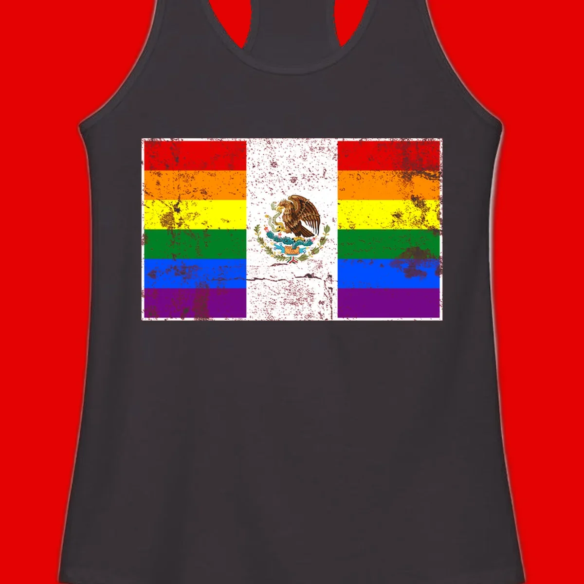 Mexico pride flag fusion design featuring rainbow and Mexican flag stripes with golden eagle emblem and grunge texture