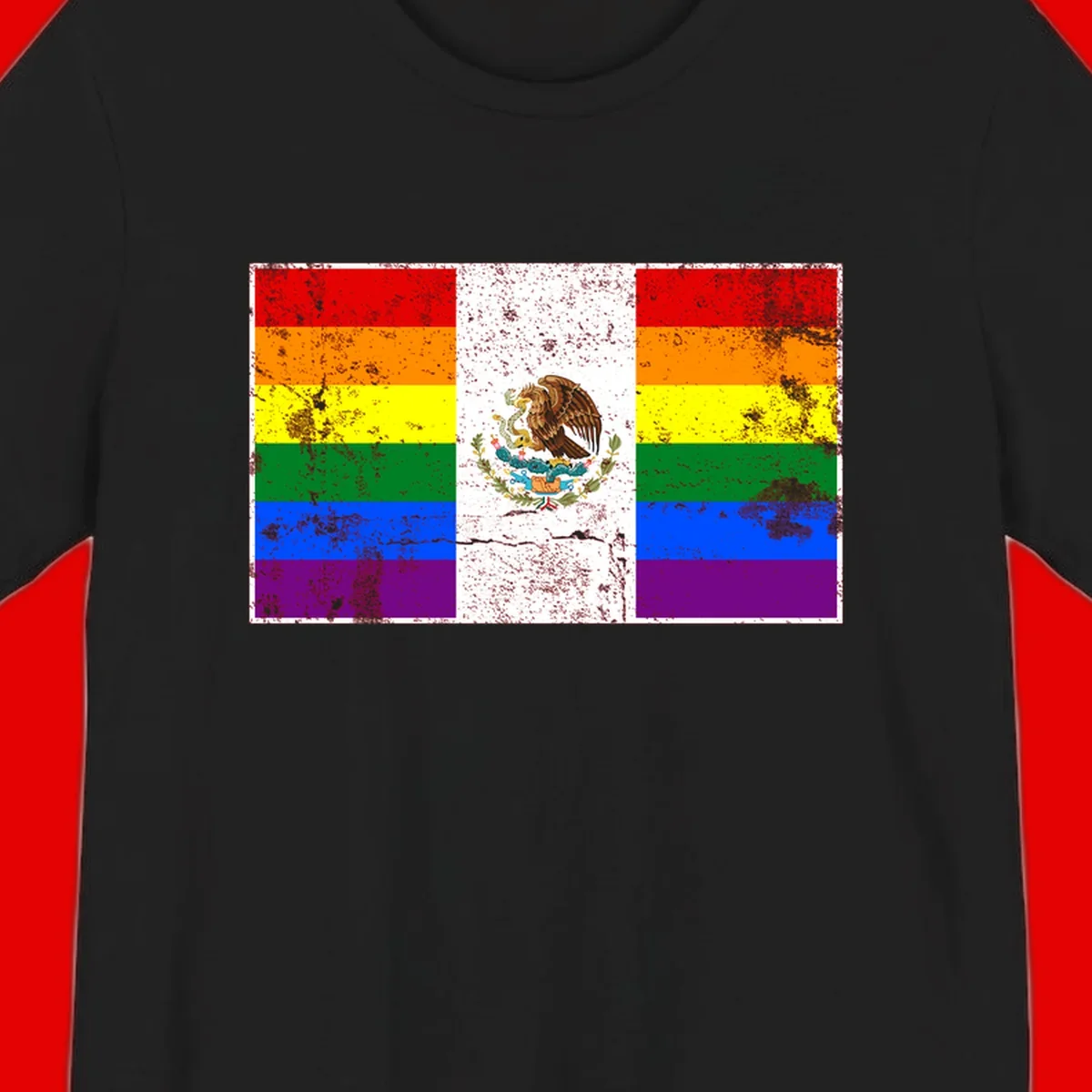 Mexico pride flag fusion design featuring rainbow and Mexican flag stripes with golden eagle emblem and grunge texture