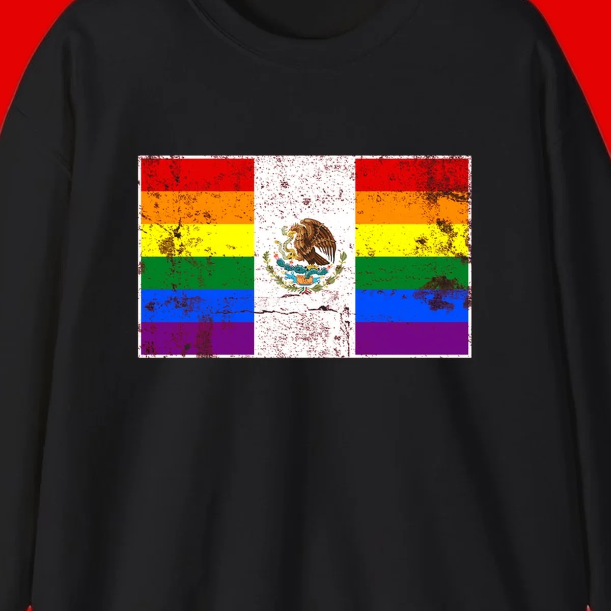 Mexico pride flag fusion design featuring rainbow and Mexican flag stripes with golden eagle emblem and grunge texture