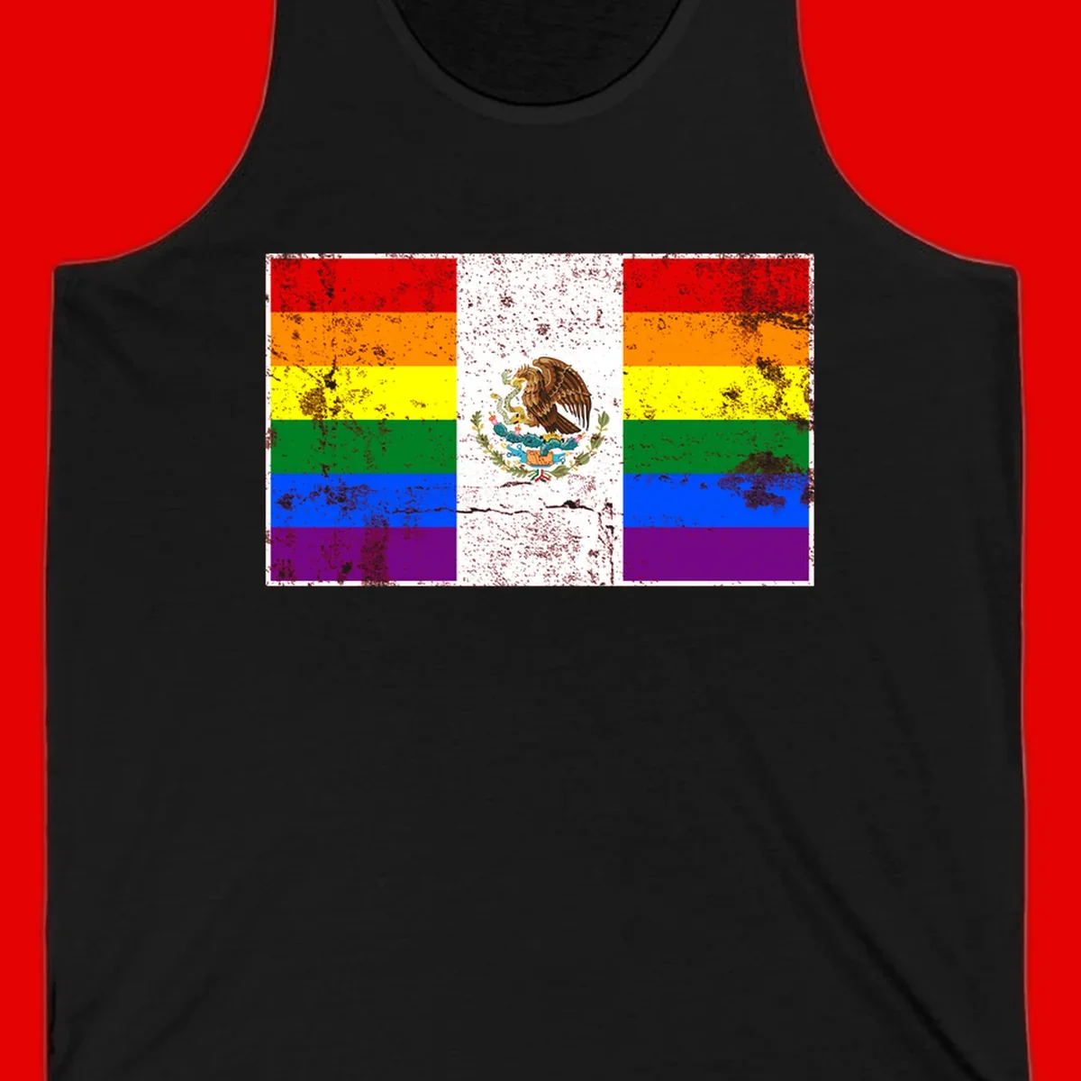 Mexico pride flag fusion design featuring rainbow and Mexican flag stripes with golden eagle emblem and grunge texture