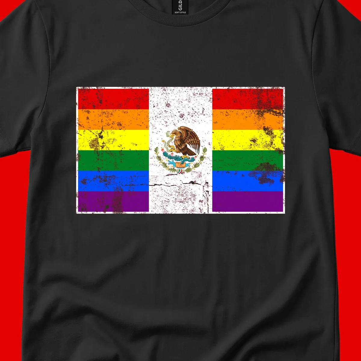 Mexico pride flag fusion design featuring rainbow and Mexican flag stripes with golden eagle emblem and grunge texture
