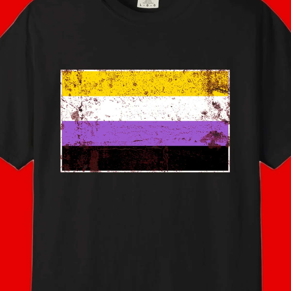 Nonbinary pride flag with yellow, white, purple, and black horizontal stripes featuring distressed grunge texture overlay