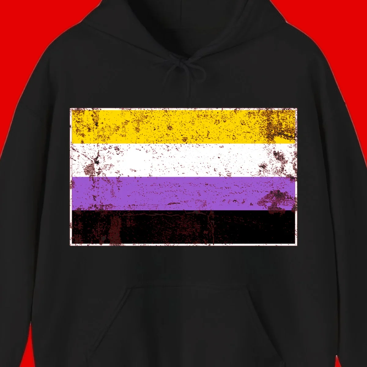 Nonbinary pride flag with yellow, white, purple, and black horizontal stripes featuring distressed grunge texture overlay