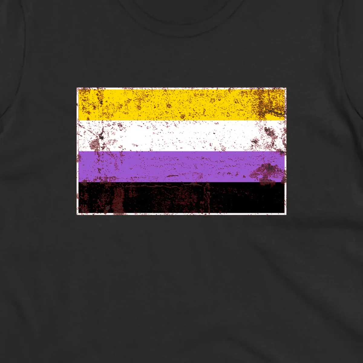 Nonbinary pride flag with yellow, white, purple, and black horizontal stripes featuring distressed grunge texture overlay