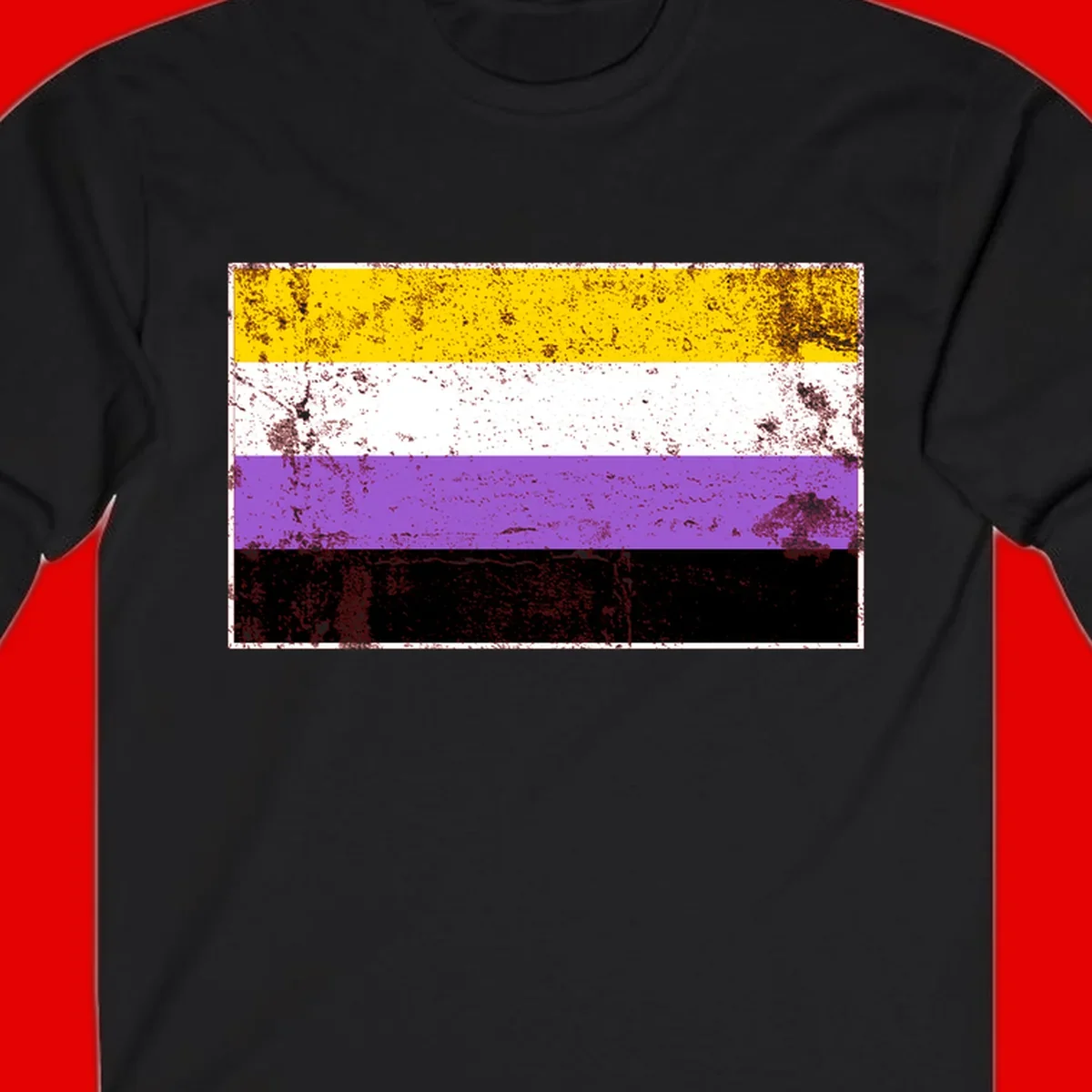Nonbinary pride flag with yellow, white, purple, and black horizontal stripes featuring distressed grunge texture overlay